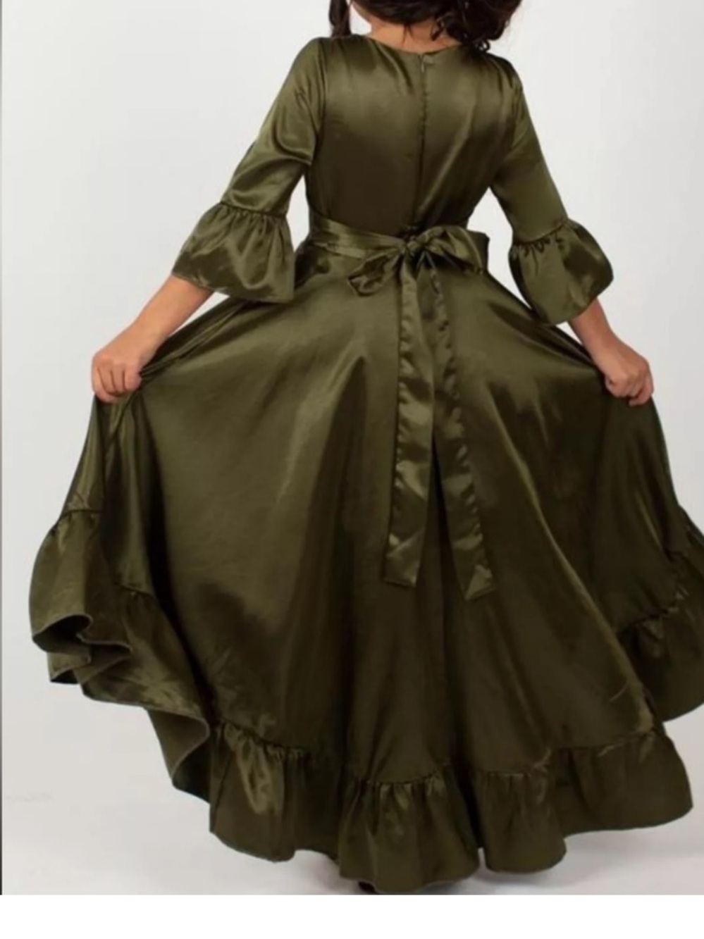 Joyfolie Olive Green High-Low Ruffle Satin Dress - Picture 2 of 4